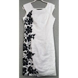 Salma Womens Linen Embroidered Dress Medium White Black Floral Sheath